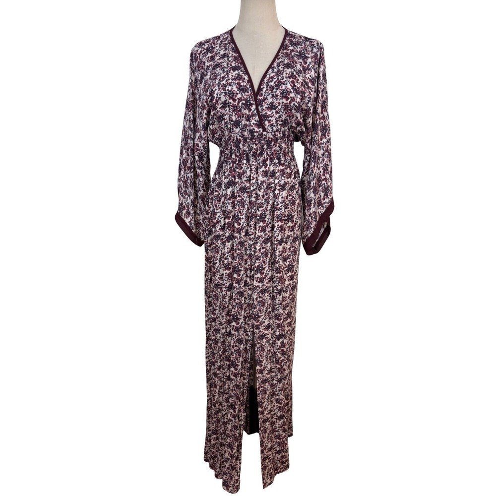 Nwt Boho Maxi Dress S/M Burgundy Floral Kimono Sleeve Front Slit smocked flowy